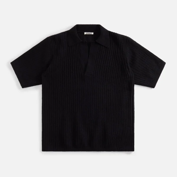 auralee black brushed cotton wool rib knit skipper polo shirt - KITH-SHOP