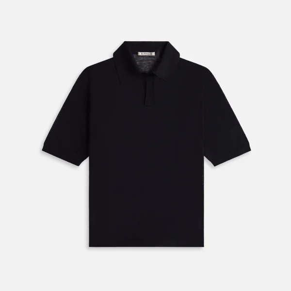 auralee black wool silk blend high gauge twist knit skipper polo - KITH-SHOP