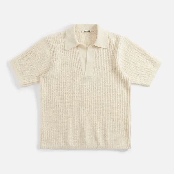 auralee white brushed cotton wool rib knit skipper polo shirt - KITH-SHOP