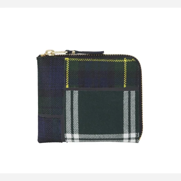 cdg tartan patchwork half zip wallet in blue compact and stylish - KITH-SHOP