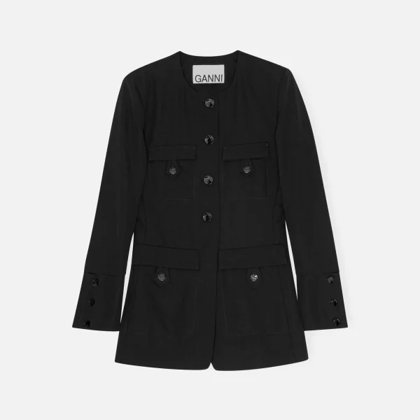 ganni black twill fitted blazer light suiting - KITH-SHOP