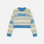 ganni blue lambswool cropped o neck sweater graphic design - KITH-SHOP