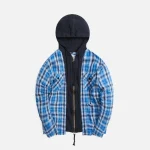 greg lauren blue moon plaid boxy hoodie front zip blue - KITH-SHOP