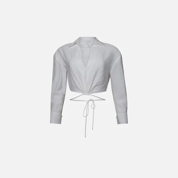 jonathan simkhai mazzy strap detail crop shirt in ecru - KITH-SHOP