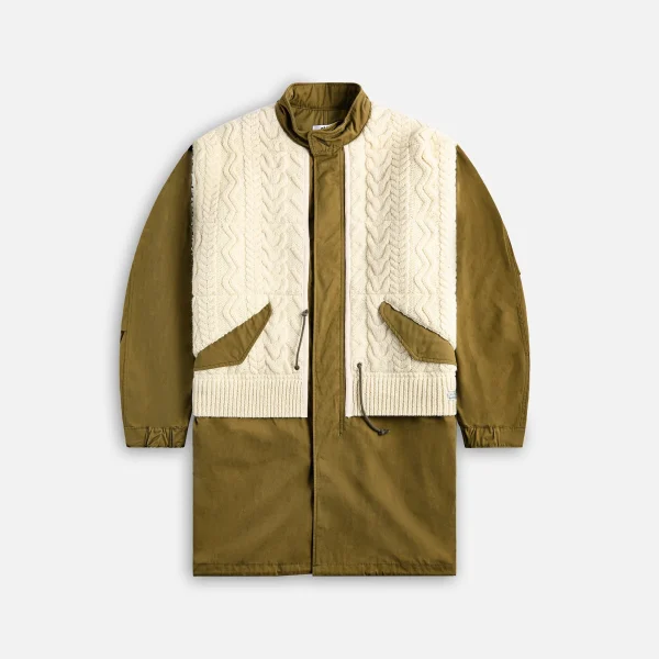 junya watanabe man shetland wool aran pattern cotton shirt in green and white - KITH-SHOP