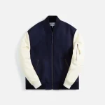 leather sleeve bomber jacket by loewe navy and cream - KITH-SHOP