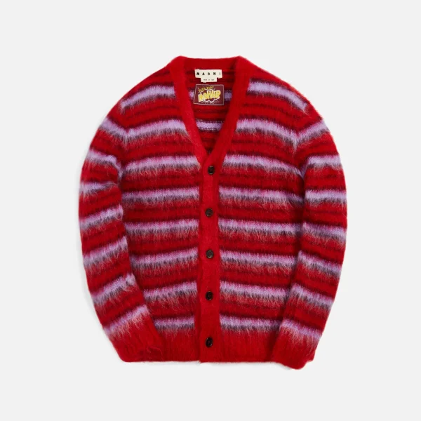 marni striped mohair v neck cardigan in red multi - KITH-SHOP