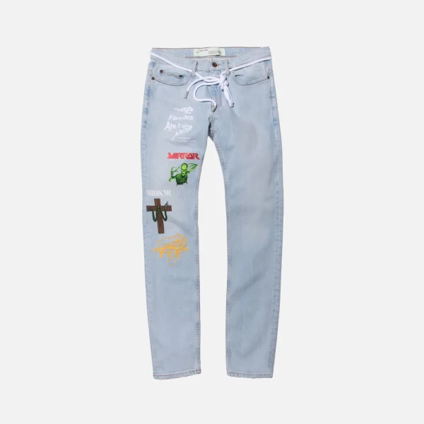 off white light blue skinny denim jeans with mixed rock details - KITH-SHOP