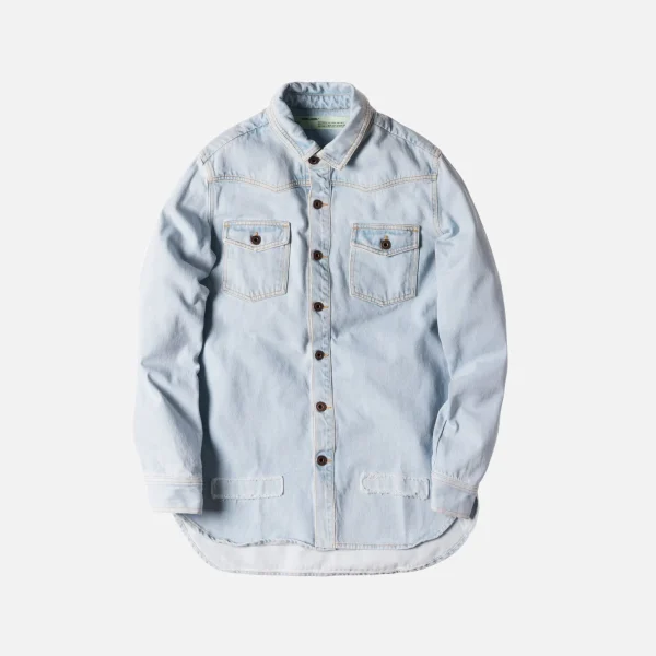 off white vintage bleach diagonal raw cut denim button up shirt - KITH-SHOP