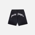 palm angels curved logo swim shorts black and white - KITH-SHOP