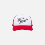 palm angels gothic logo cap in white and red - KITH-SHOP