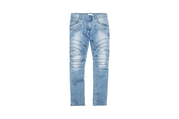 pierre balmain moto inspired curved knee denim jeans light blue - KITH-SHOP