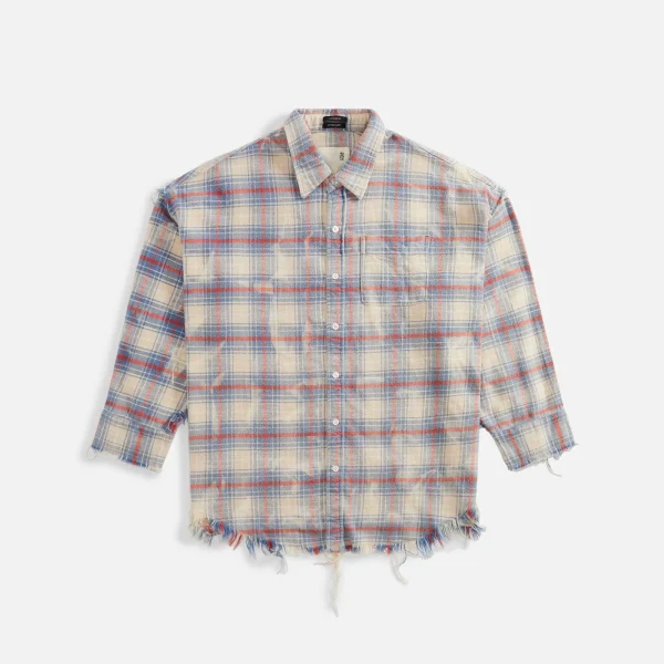 r13 ecru plaid drop neck shredded seam shirt - KITH-SHOP