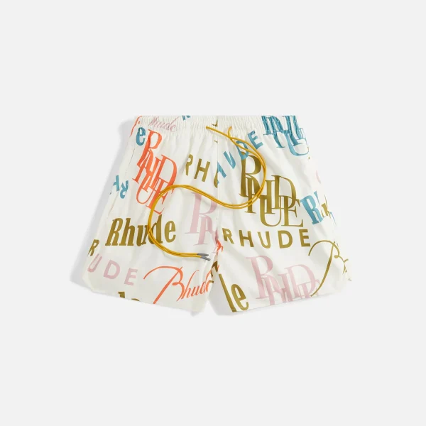 rhude mash up logo creme swim shorts - KITH-SHOP