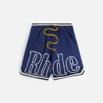 rhude navy court logo shorts - KITH-SHOP