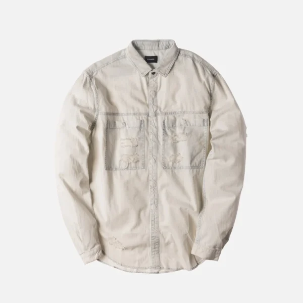 stampd distressed denim button up shirt in cream bleach - KITH-SHOP