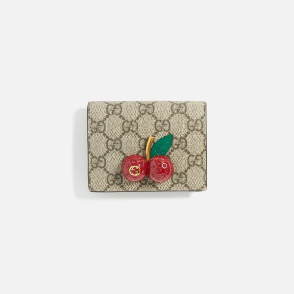 wgaca brown gucci cherry print leather card case - KITH-SHOP